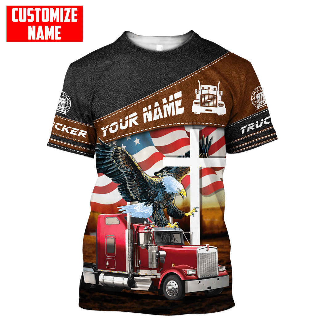 Personalized trucker t-shirt featuring trucker eagle and flag print all-over print, short-sleeve design