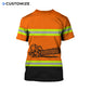 Personalized logger t-shirt featuring orange chainsaw print all-over print, back view