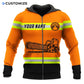Personalized logger zip hoodie featuring orange chainsaw print all-over print, zip-front design