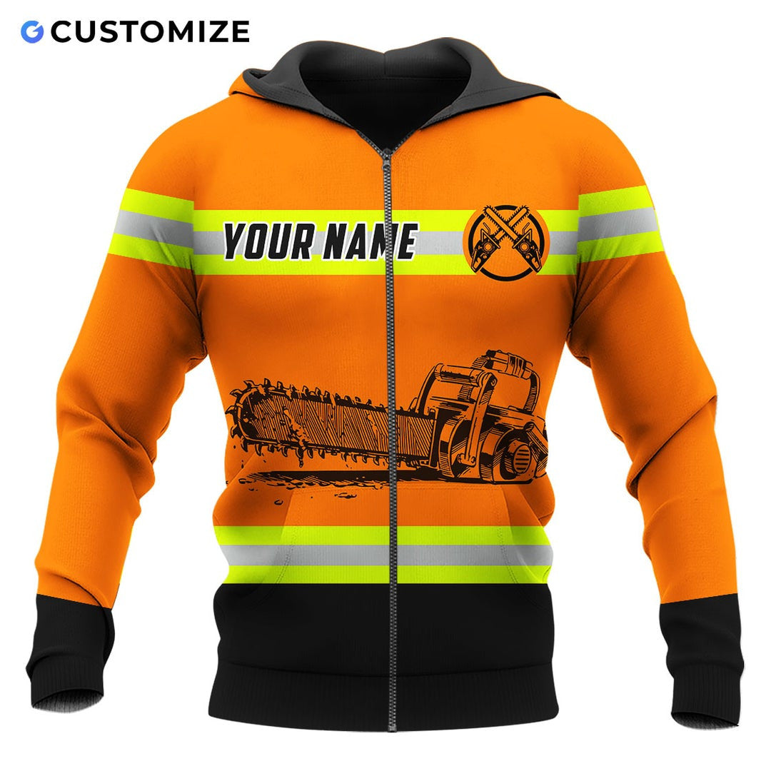Personalized logger zip hoodie featuring orange chainsaw print all-over print, zip-front design