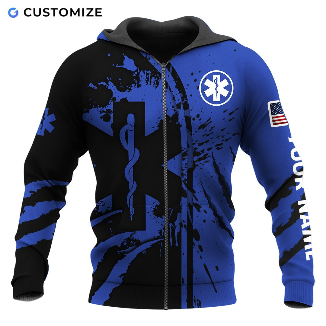 Personalized EMS paramedic zip hoodie featuring blue star of life splatter print all-over print, zip-front design