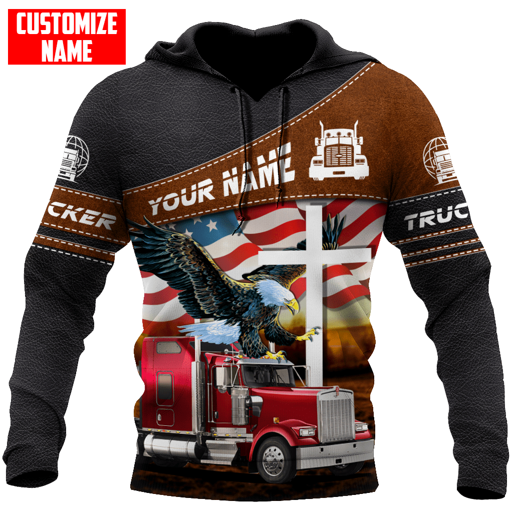Personalized trucker hoodie featuring trucker eagle and flag print all-over print