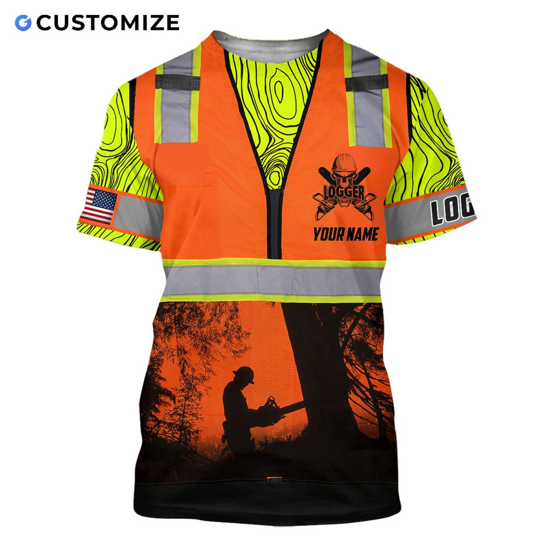 Personalized logger t-shirt featuring orange logger silhouette yellow sleeves all-over print, short-sleeve design
