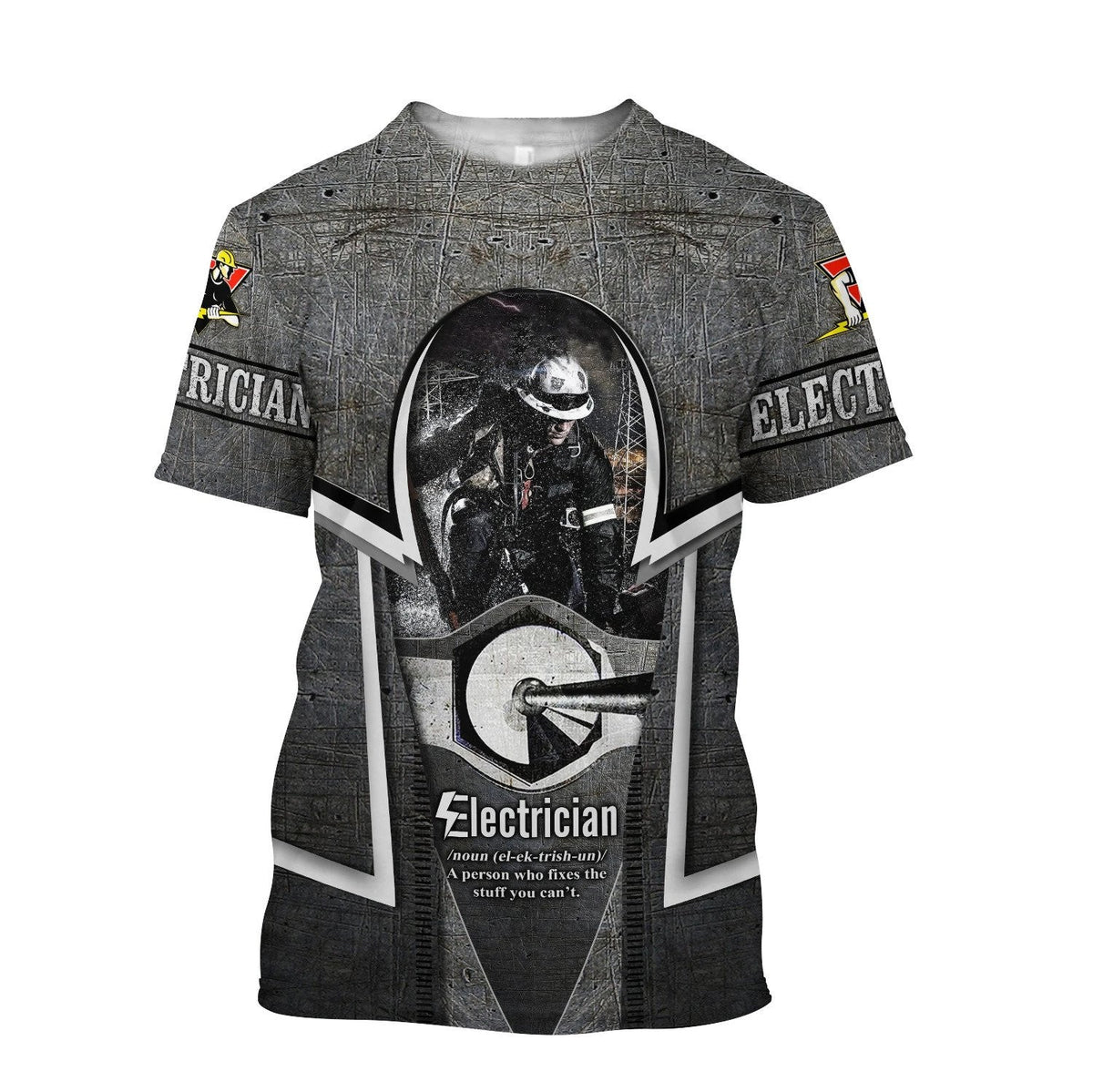 Personalized electrician t-shirt featuring dark skull all-over print