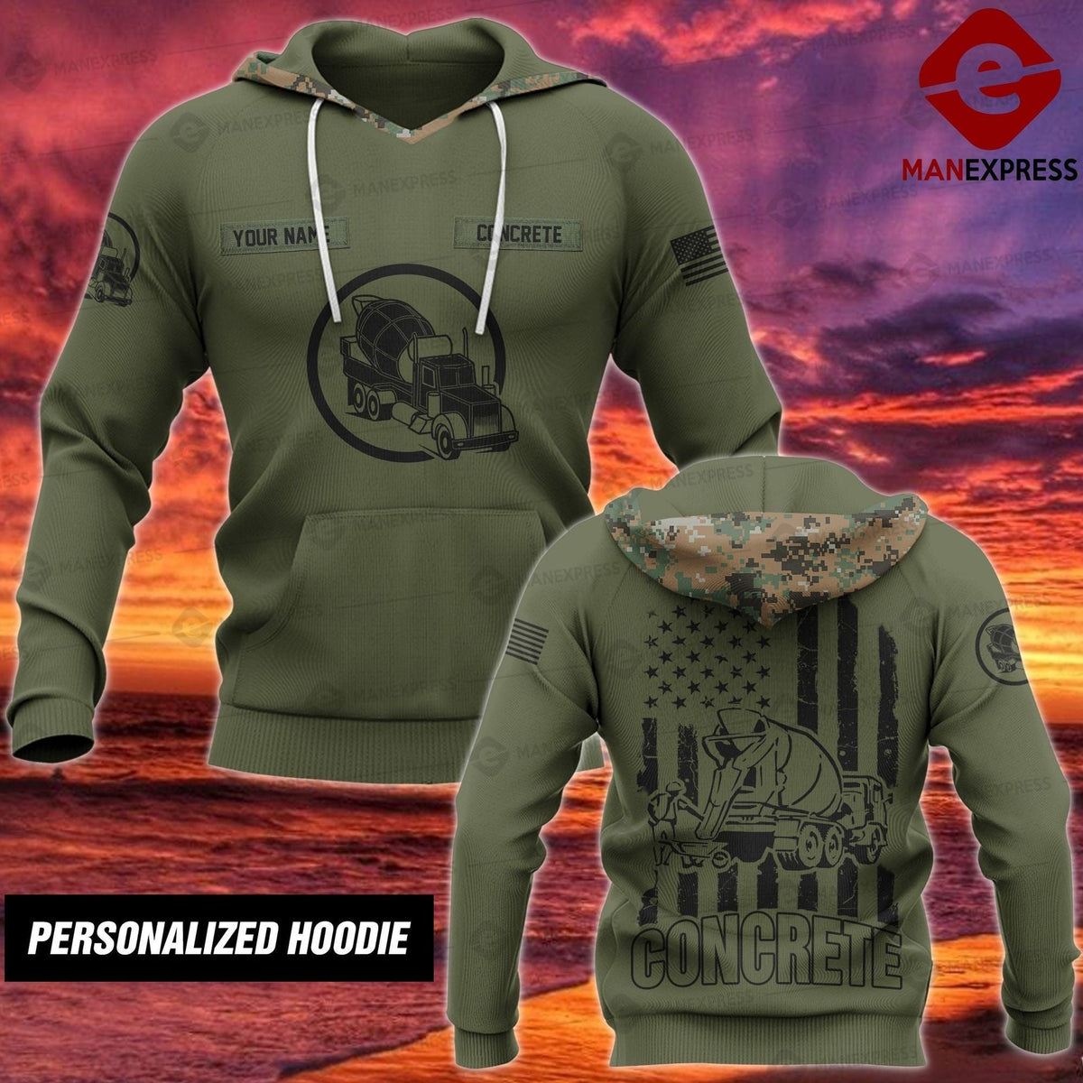 Concrete finisher hoodie featuring olive green concrete mixer badge all-over print