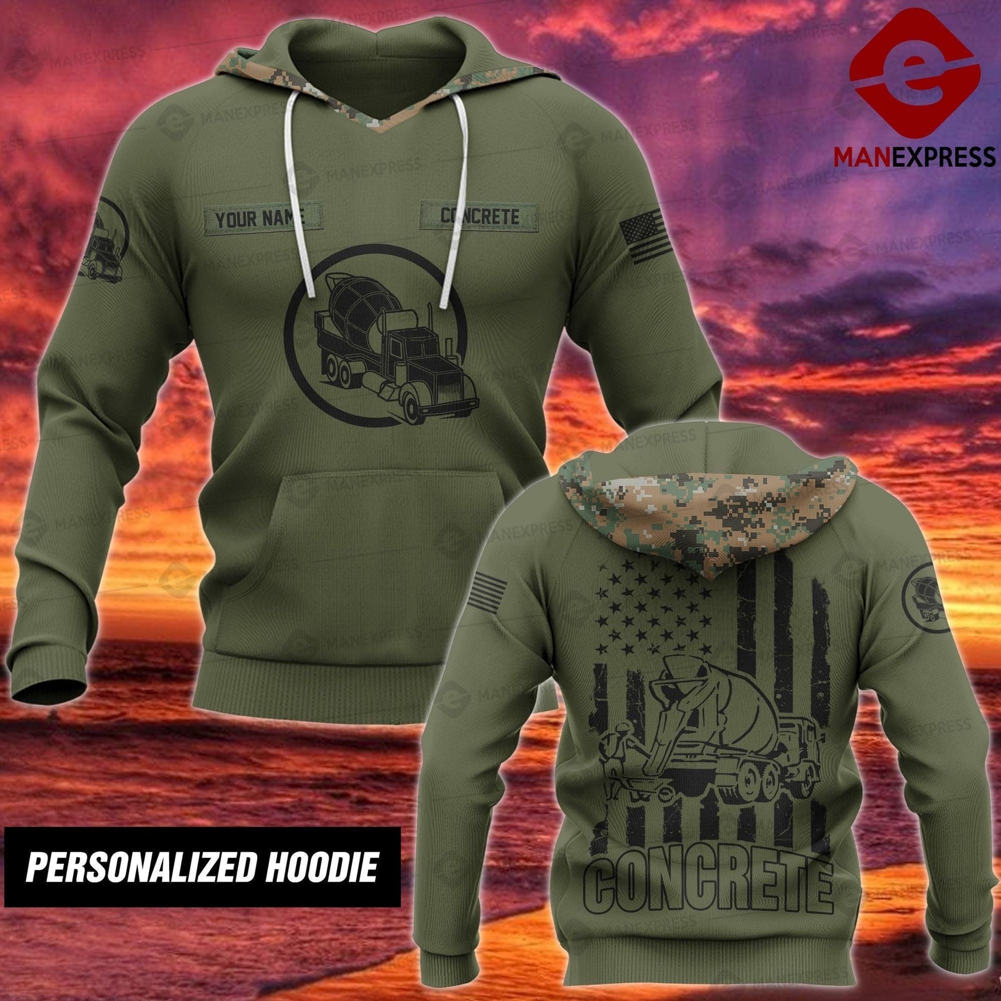 Concrete finisher hoodie featuring olive green concrete mixer badge all-over print