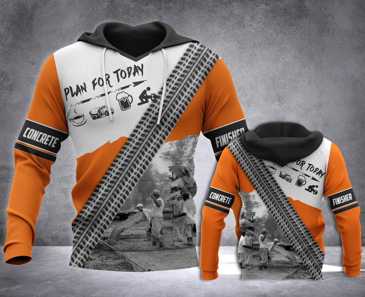 Concrete finisher hoodie featuring white orange concrete work plan all-over print