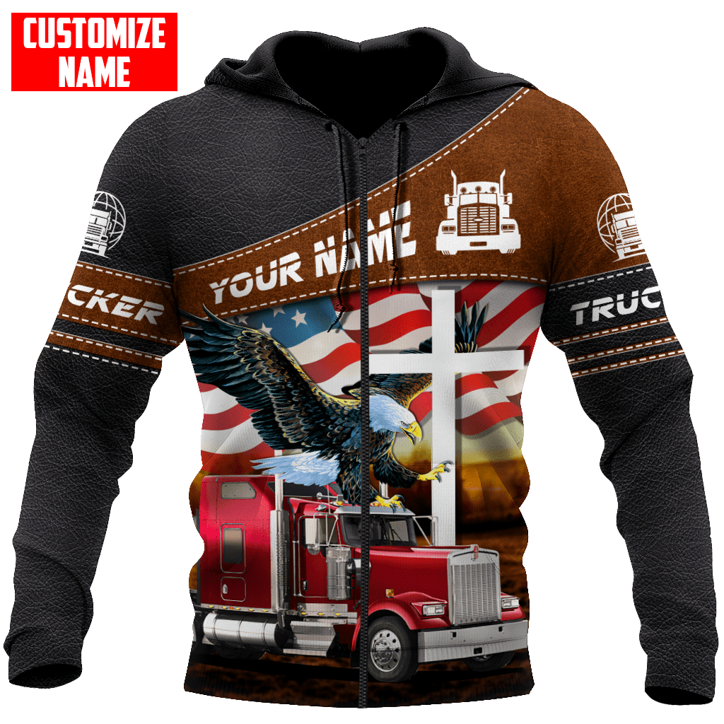 Personalized trucker zip hoodie featuring trucker eagle and flag print all-over print, zip-front design