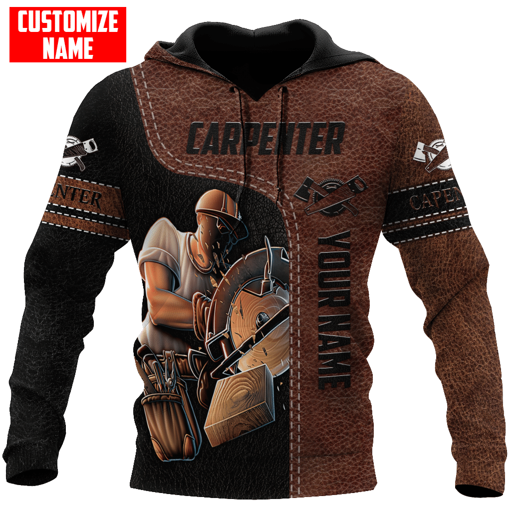 Personalized carpenter hoodie featuring brown leather print circular saw all-over print
