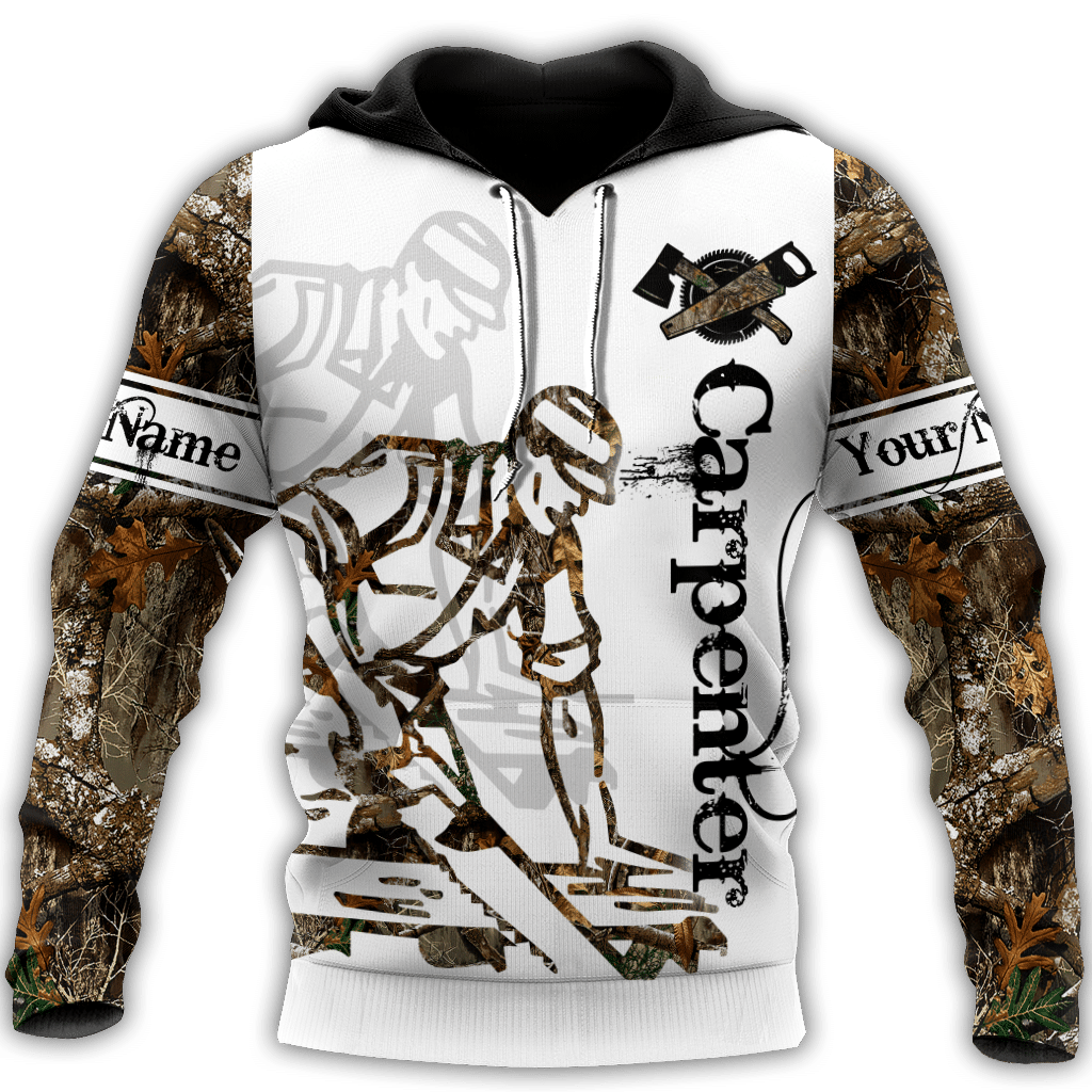 Personalized carpenter hoodie featuring white camouflage woodworker all-over print