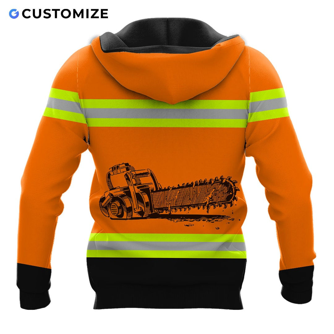 Personalized logger hoodie featuring orange chainsaw print all-over print, back view