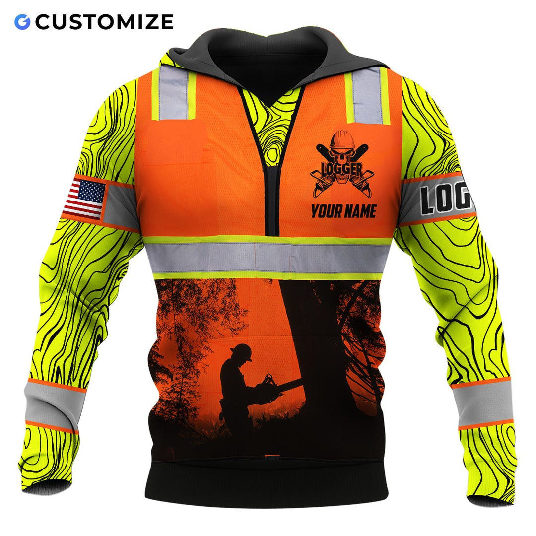 Personalized logger hoodie featuring orange logger silhouette yellow sleeves all-over print