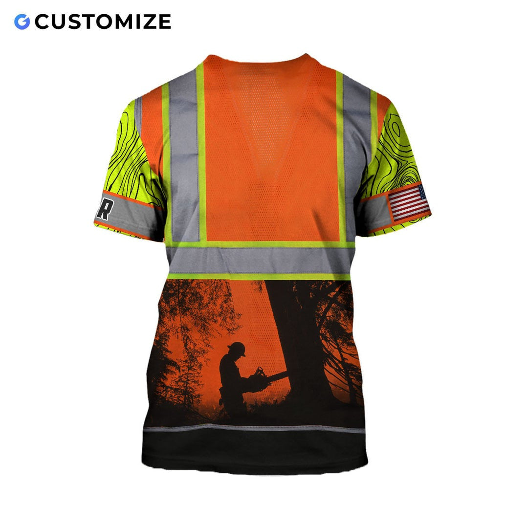 Personalized logger t-shirt featuring orange logger silhouette yellow sleeves all-over print, back view