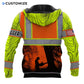 Personalized logger hoodie featuring orange logger silhouette yellow sleeves all-over print, back view