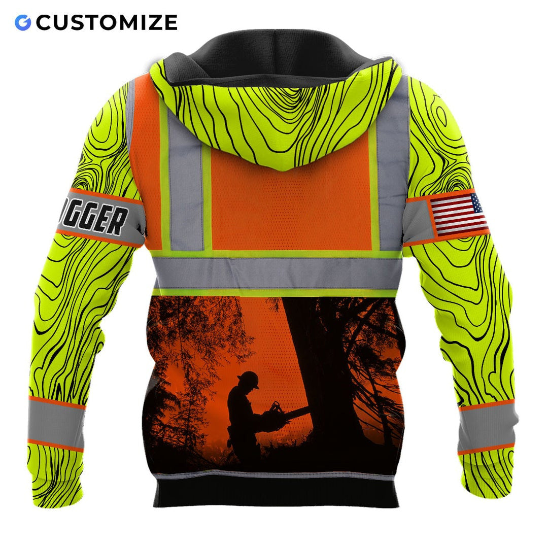Personalized logger hoodie featuring orange logger silhouette yellow sleeves all-over print, back view