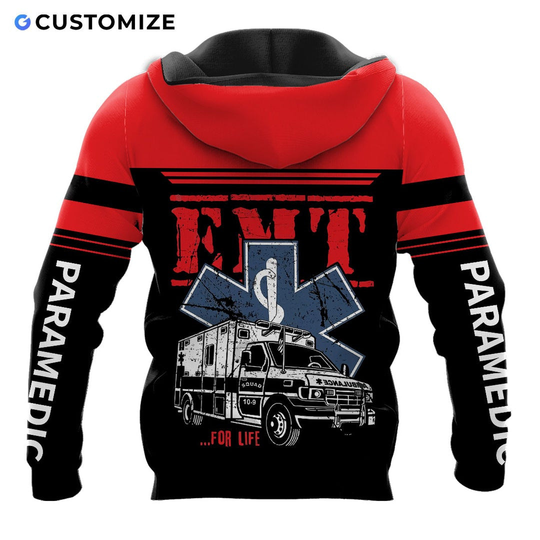 Personalized EMS paramedic hoodie featuring red emt ambulance print all-over print, back view