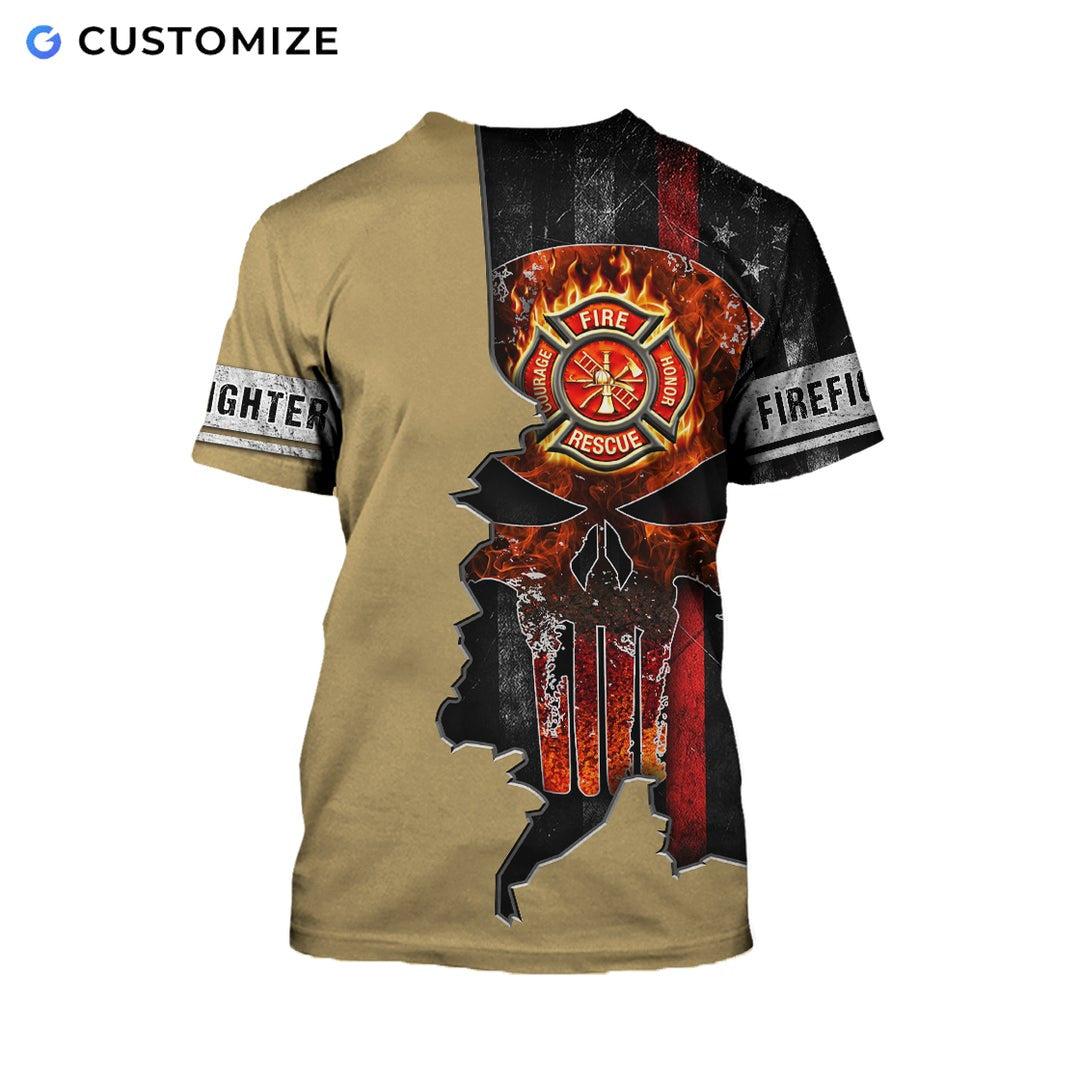 Personalized firefighter t-shirt featuring flag skull fire badge print all-over print, back view