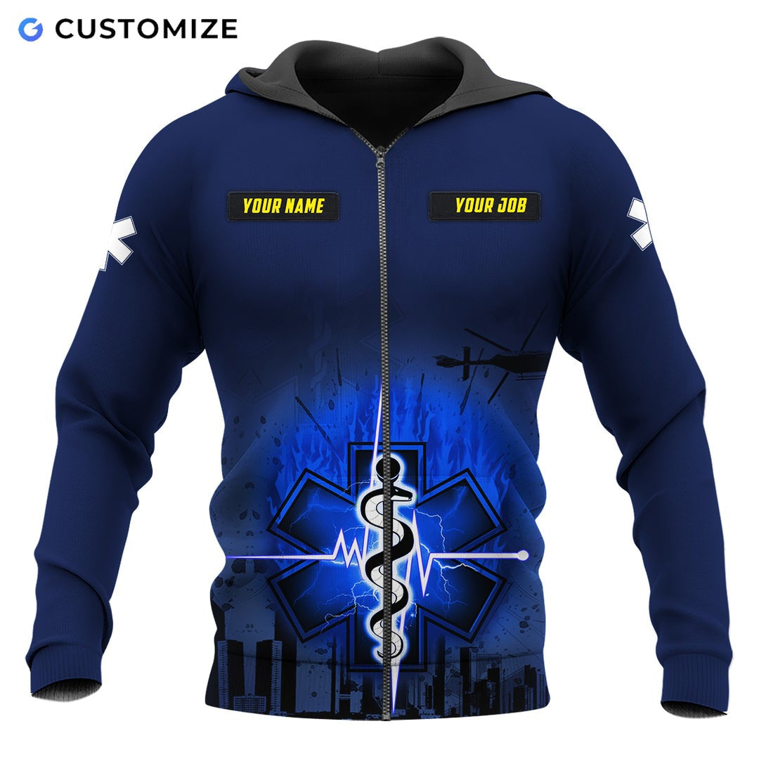 Personalized EMS paramedic zip hoodie featuring navy star of life city print all-over print, zip-front design