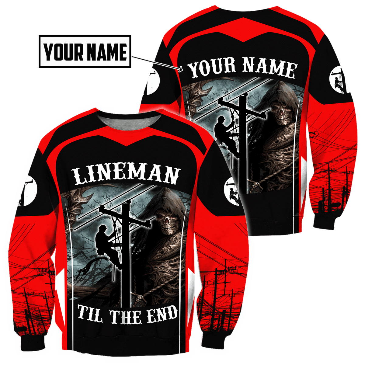 Personalized electrician sweatshirt featuring red lineman all-over print