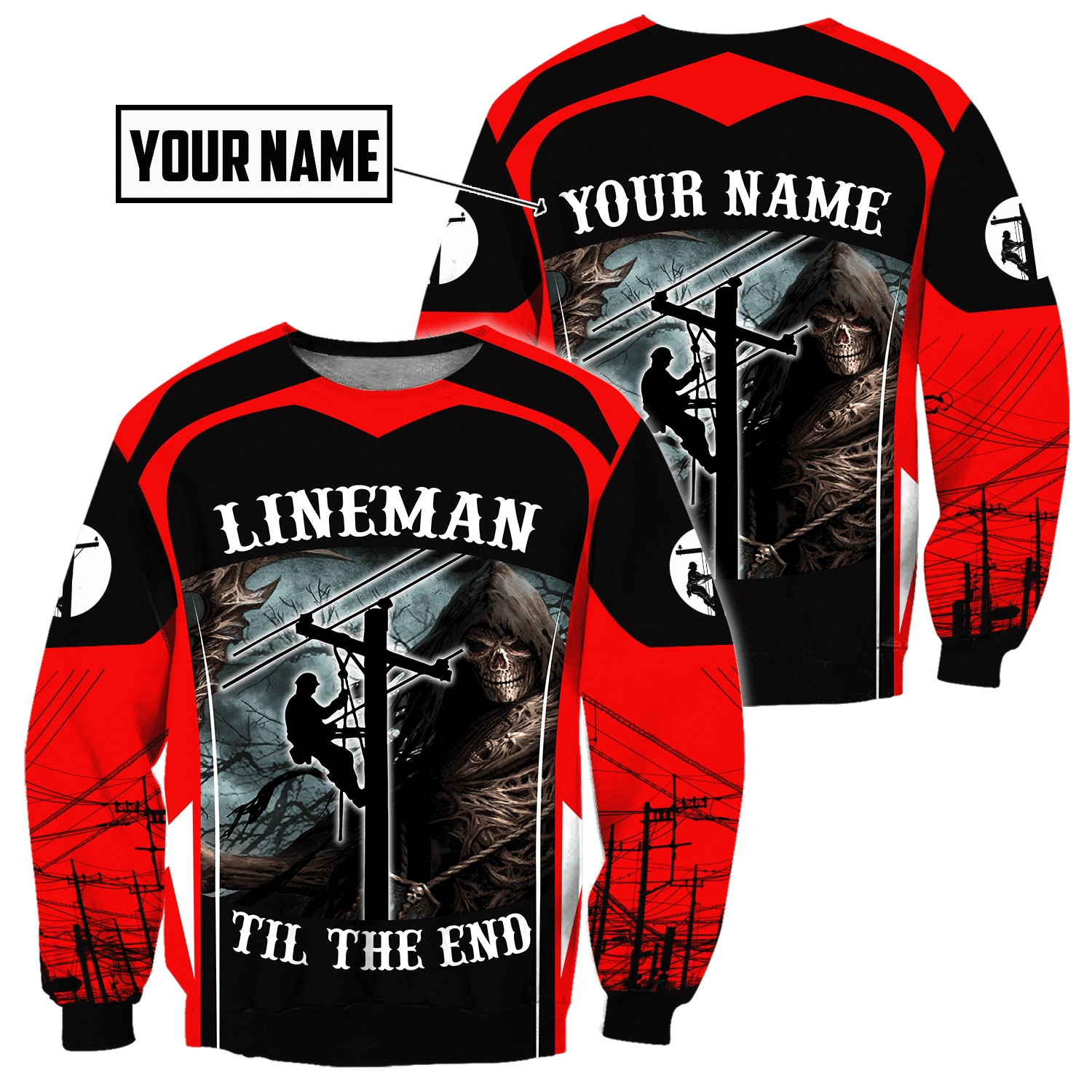 Personalized electrician sweatshirt featuring red lineman all-over print