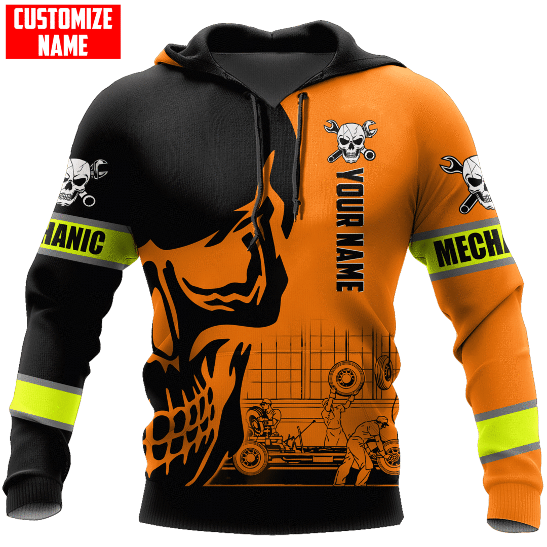 Personalized mechanic hoodie featuring orange black skull engine all-over print