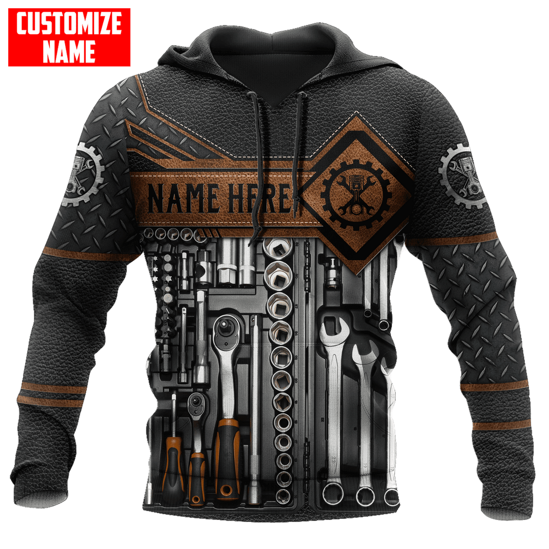 Personalized mechanic hoodie featuring brown tool box print all-over print