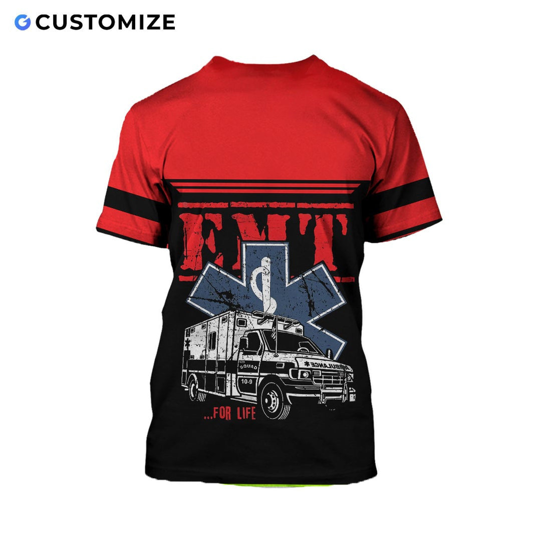 Personalized EMS paramedic t-shirt featuring red emt ambulance print all-over print, back view