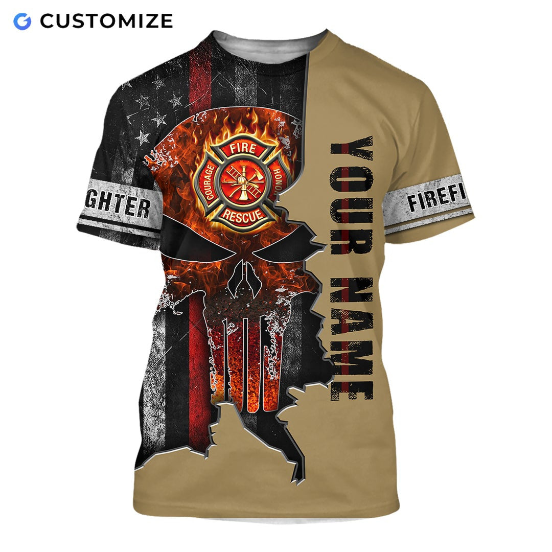 Personalized firefighter t-shirt featuring flag skull fire badge print all-over print, short-sleeve design