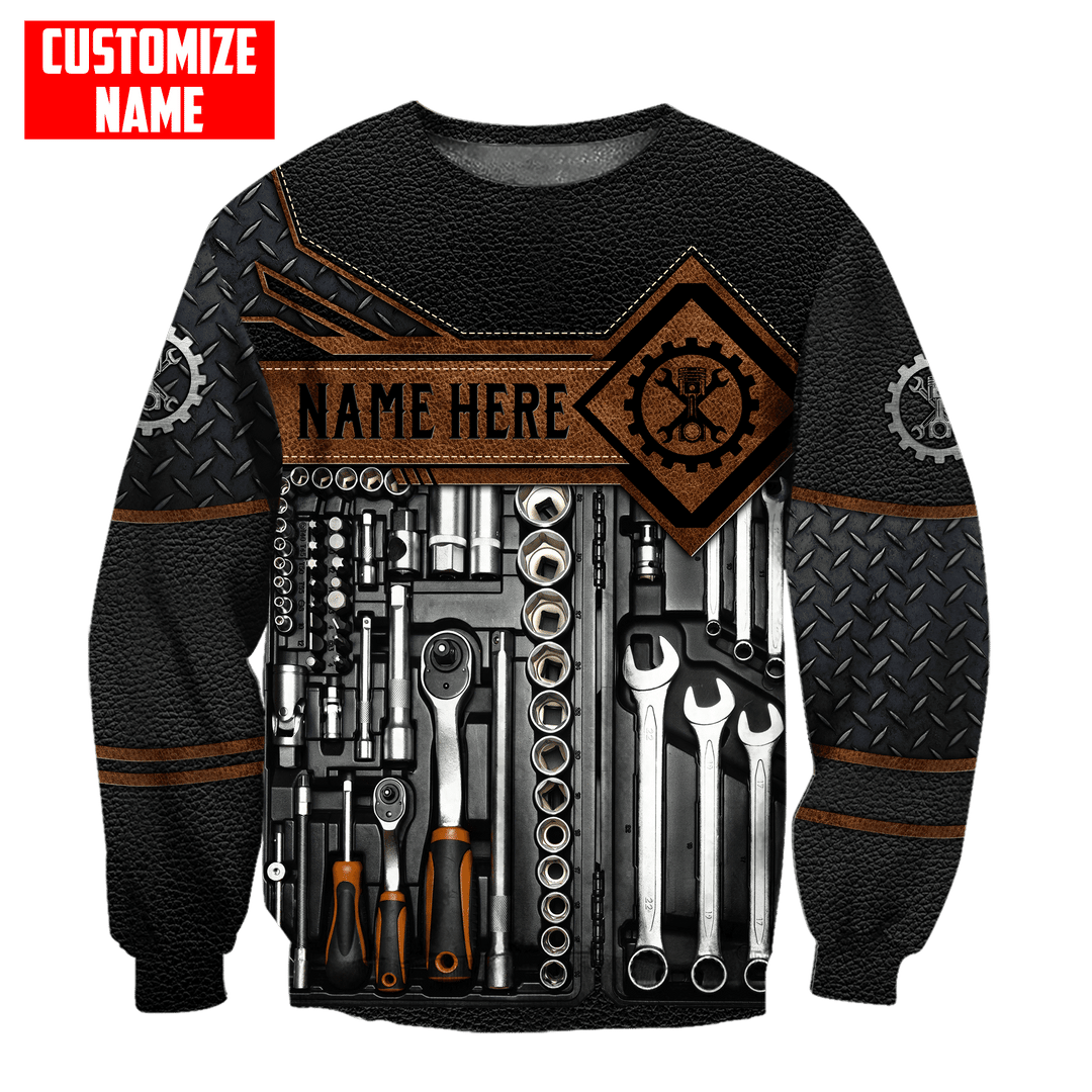 Personalized mechanic sweatshirt featuring brown tool box print all-over print, crewneck design