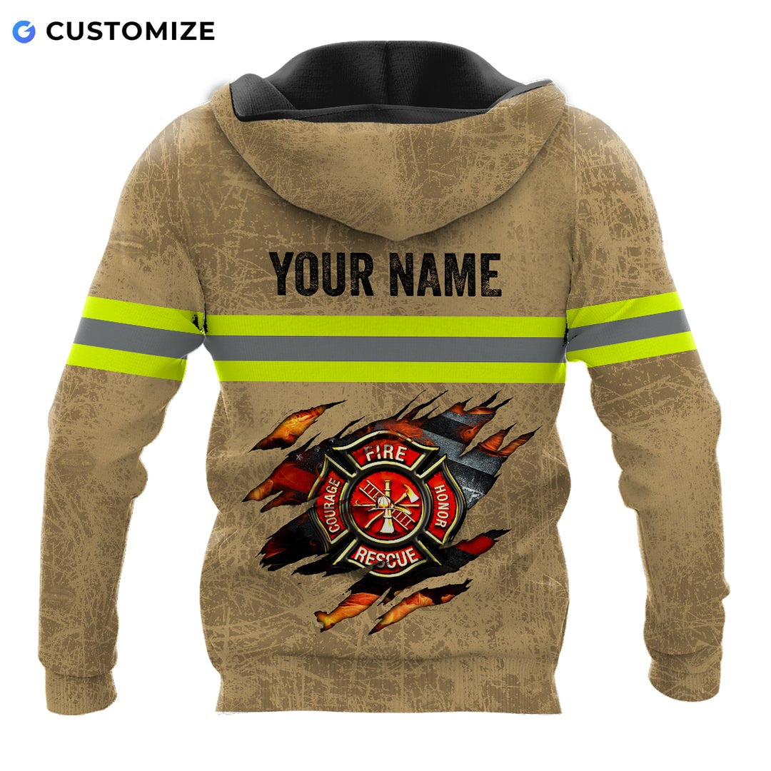 Personalized firefighter hoodie featuring tan fire rescue claw print all-over print, back view