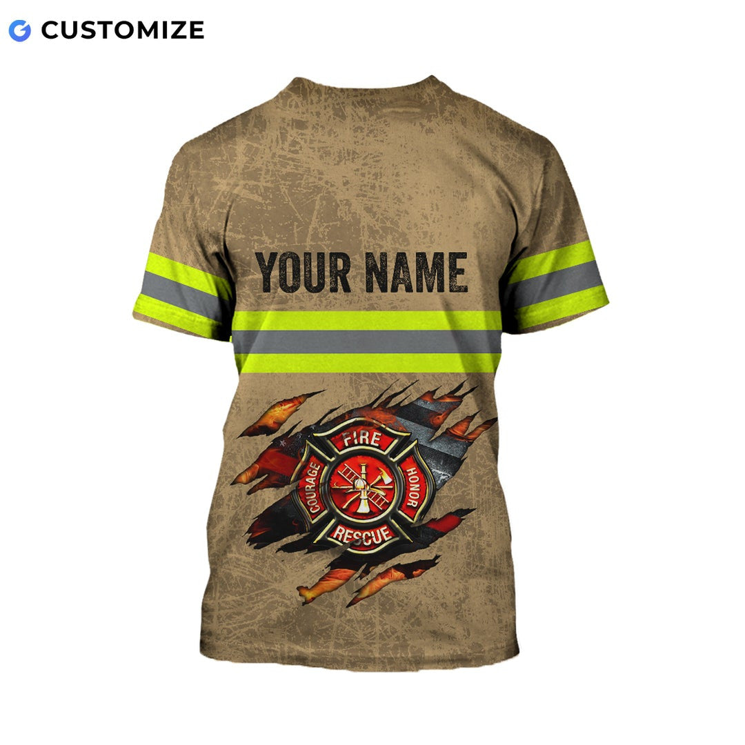 Personalized firefighter t-shirt featuring tan fire rescue claw print all-over print, back view