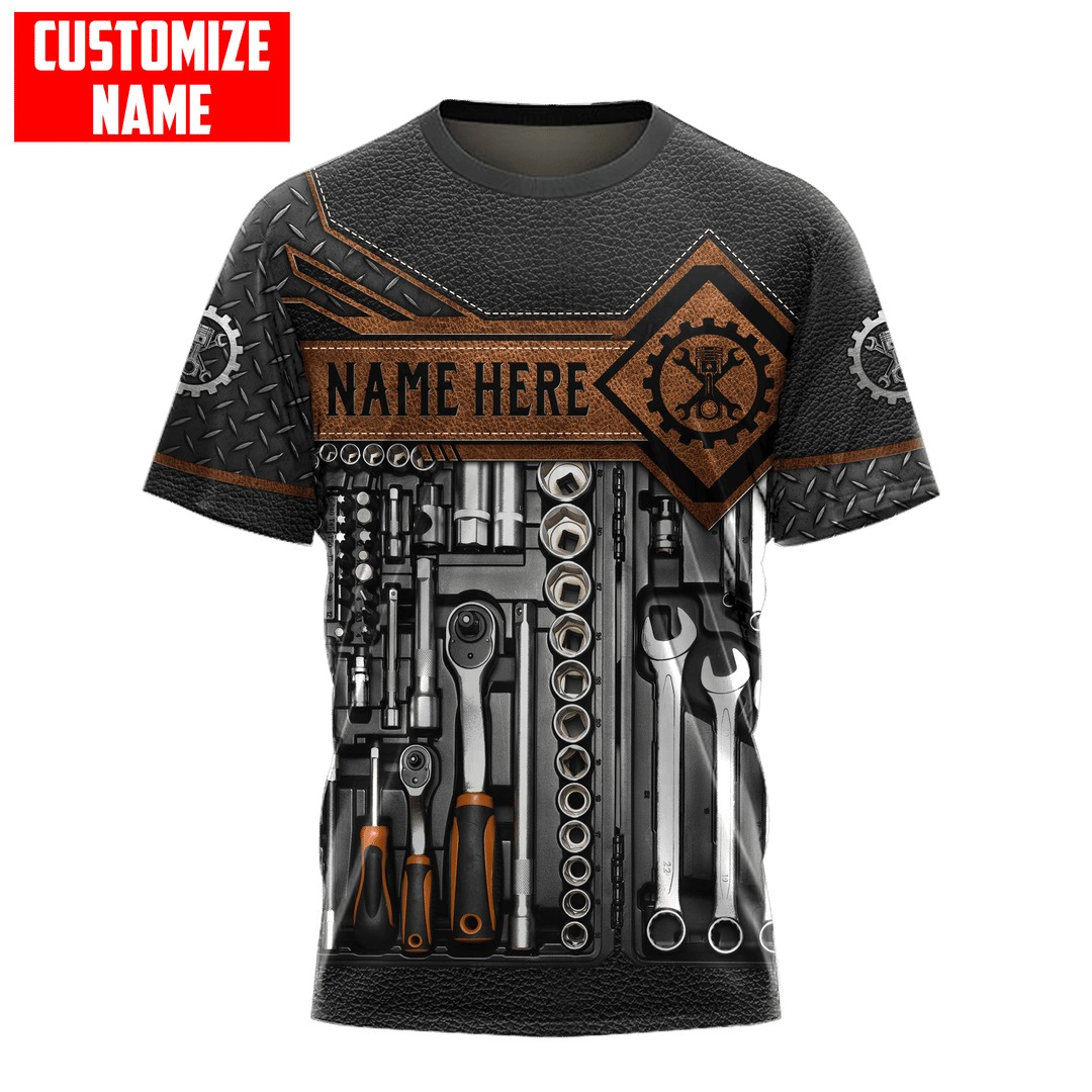 Personalized mechanic t-shirt featuring brown tool box print all-over print, short-sleeve design