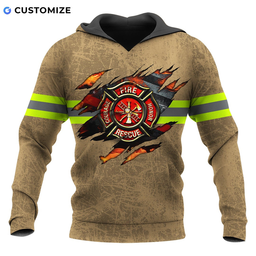 Personalized firefighter hoodie featuring tan fire rescue claw print all-over print