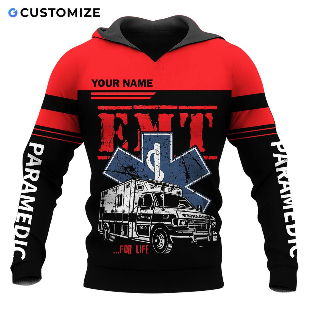 Personalized EMS paramedic hoodie featuring red emt ambulance print all-over print