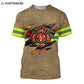 Personalized firefighter t-shirt featuring tan fire rescue claw print all-over print, short-sleeve design