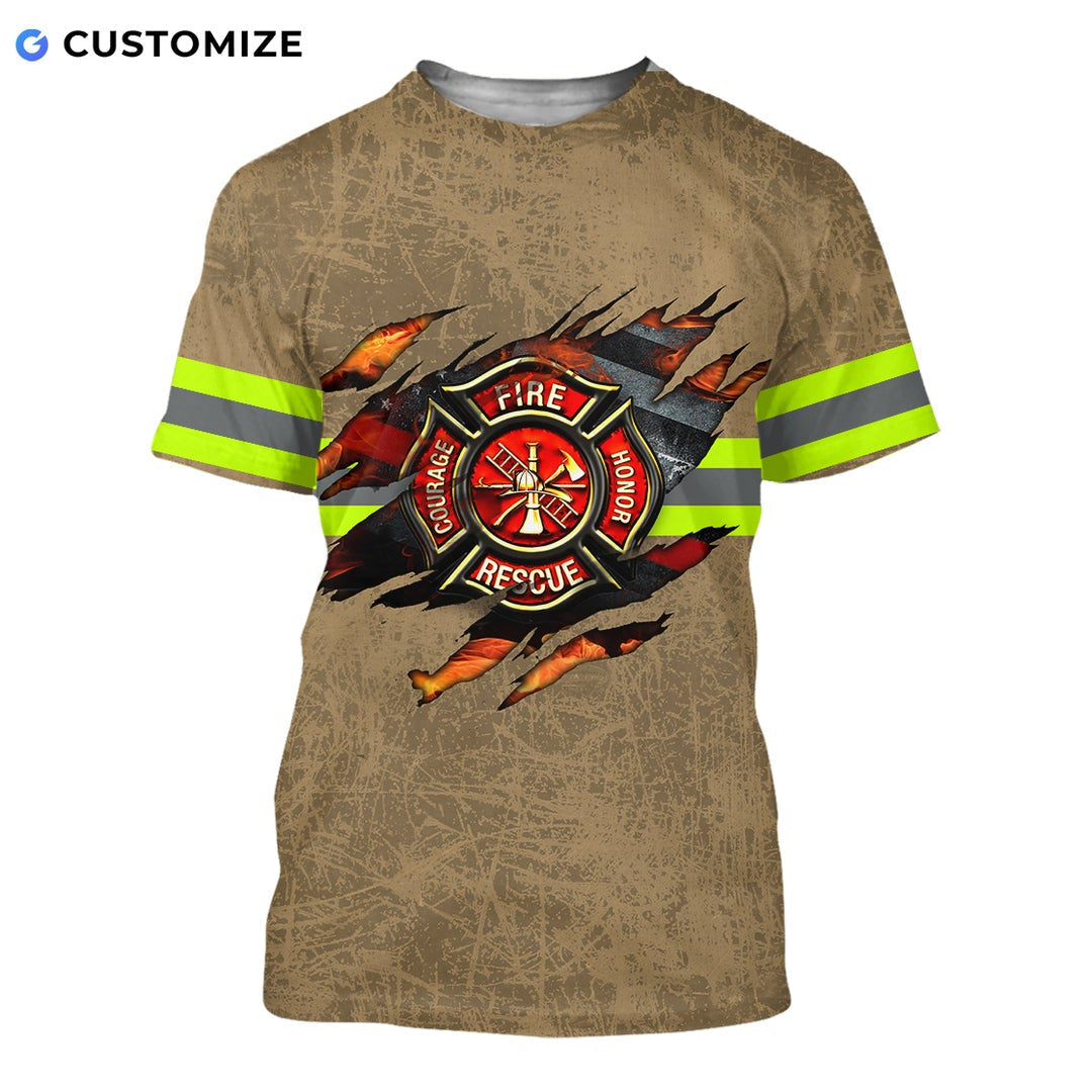 Personalized firefighter t-shirt featuring tan fire rescue claw print all-over print, short-sleeve design