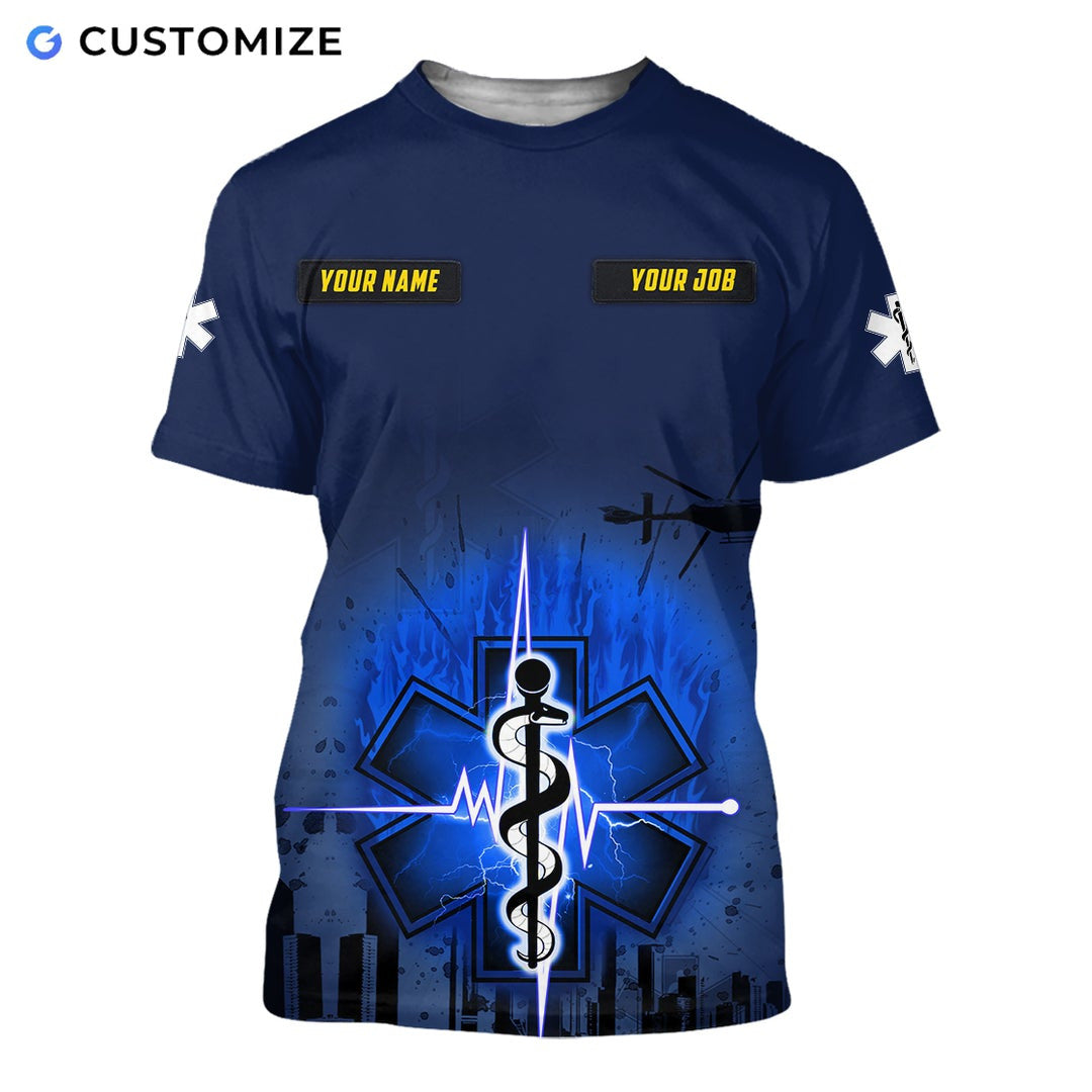 Personalized EMS paramedic t-shirt featuring navy star of life city print all-over print, short-sleeve design