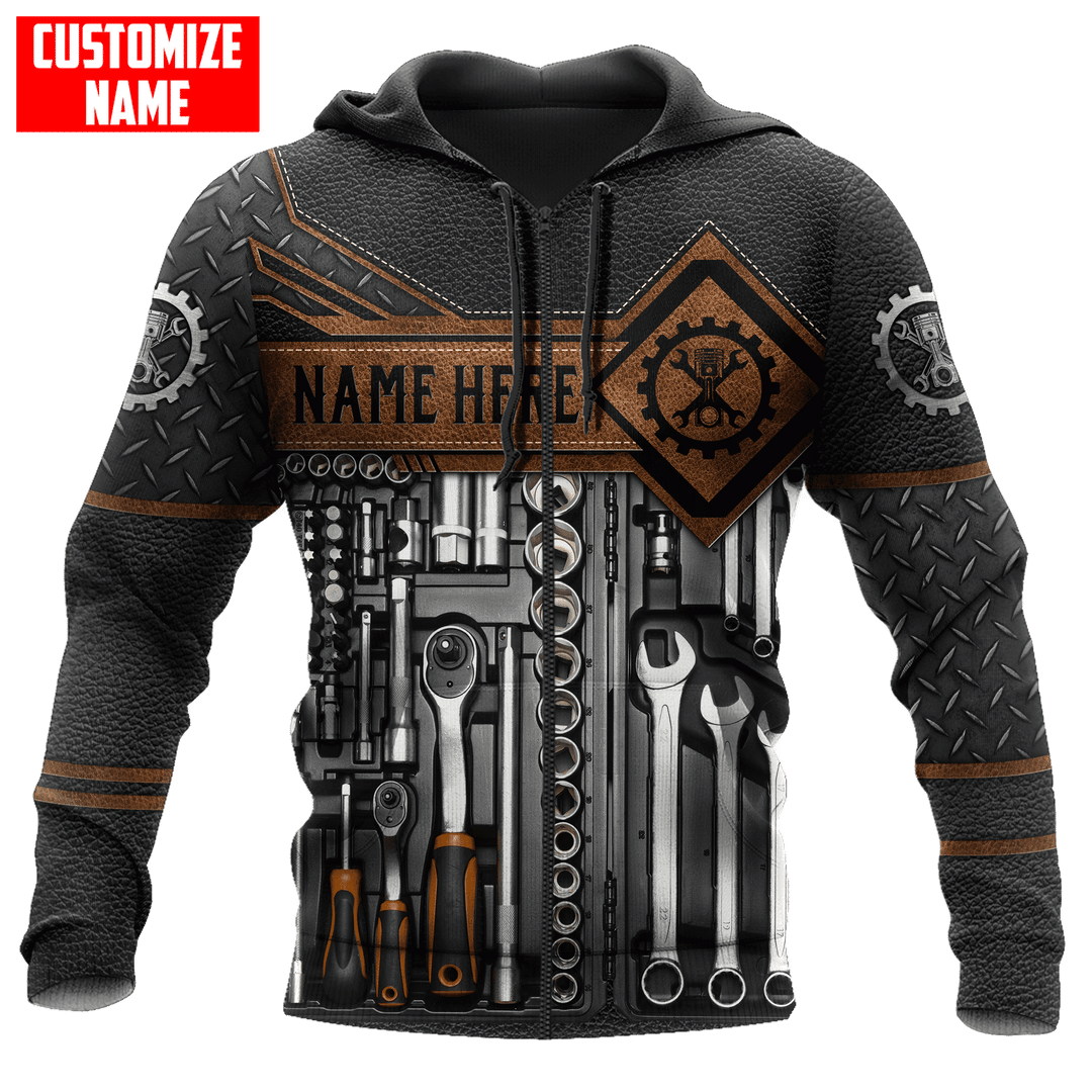 Personalized mechanic zip hoodie featuring brown tool box print all-over print, zip-front design