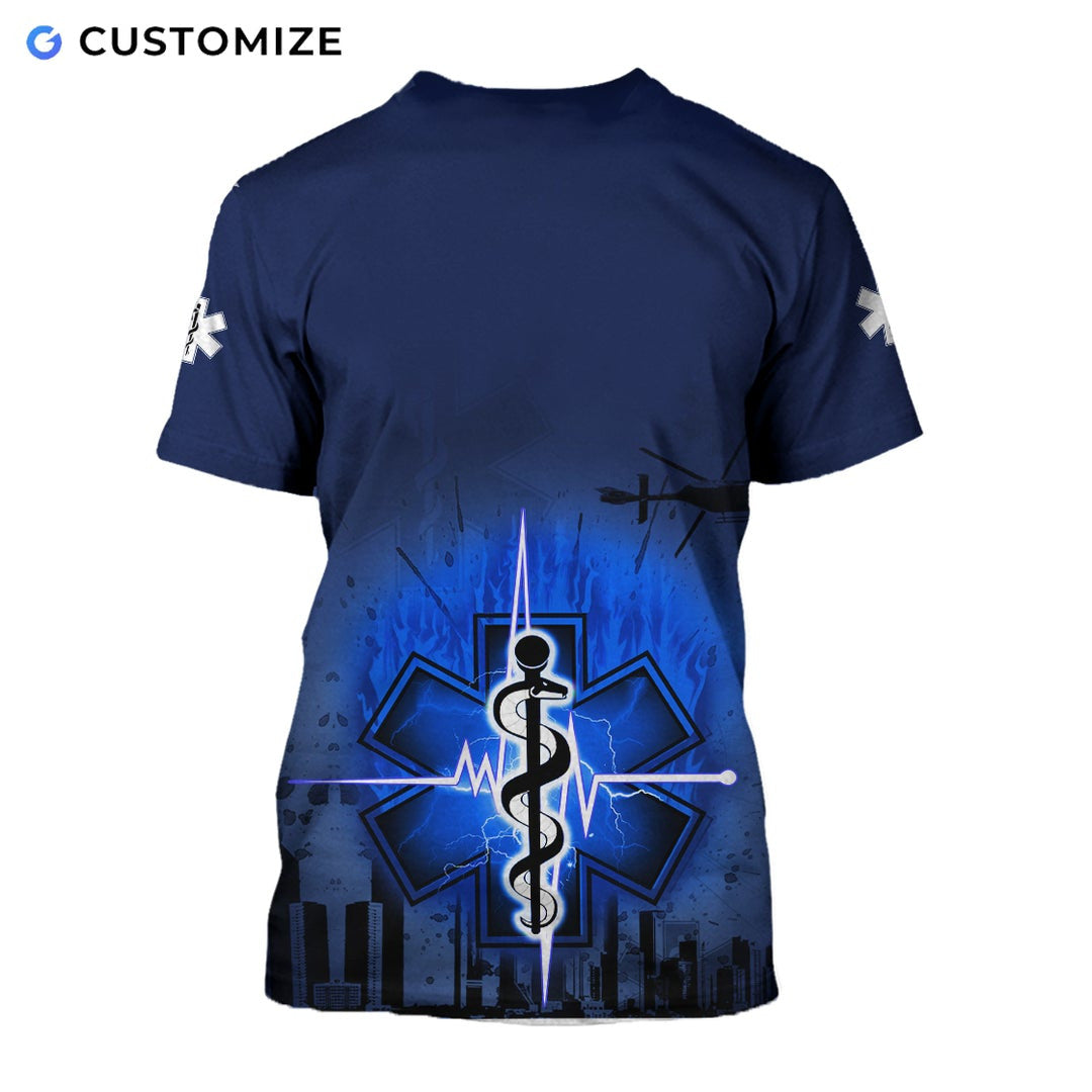 Personalized EMS paramedic t-shirt featuring navy star of life city print all-over print, back view