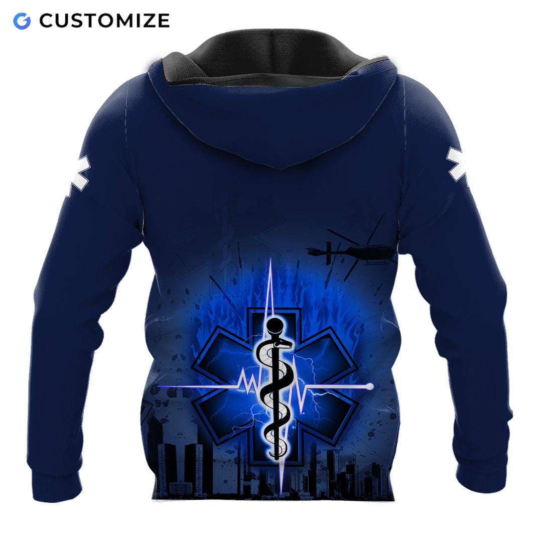 Personalized EMS paramedic hoodie featuring navy star of life city print all-over print, back view