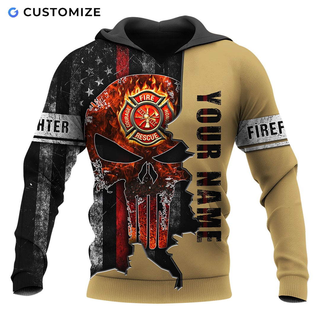 Personalized firefighter hoodie featuring flag skull fire badge print all-over print