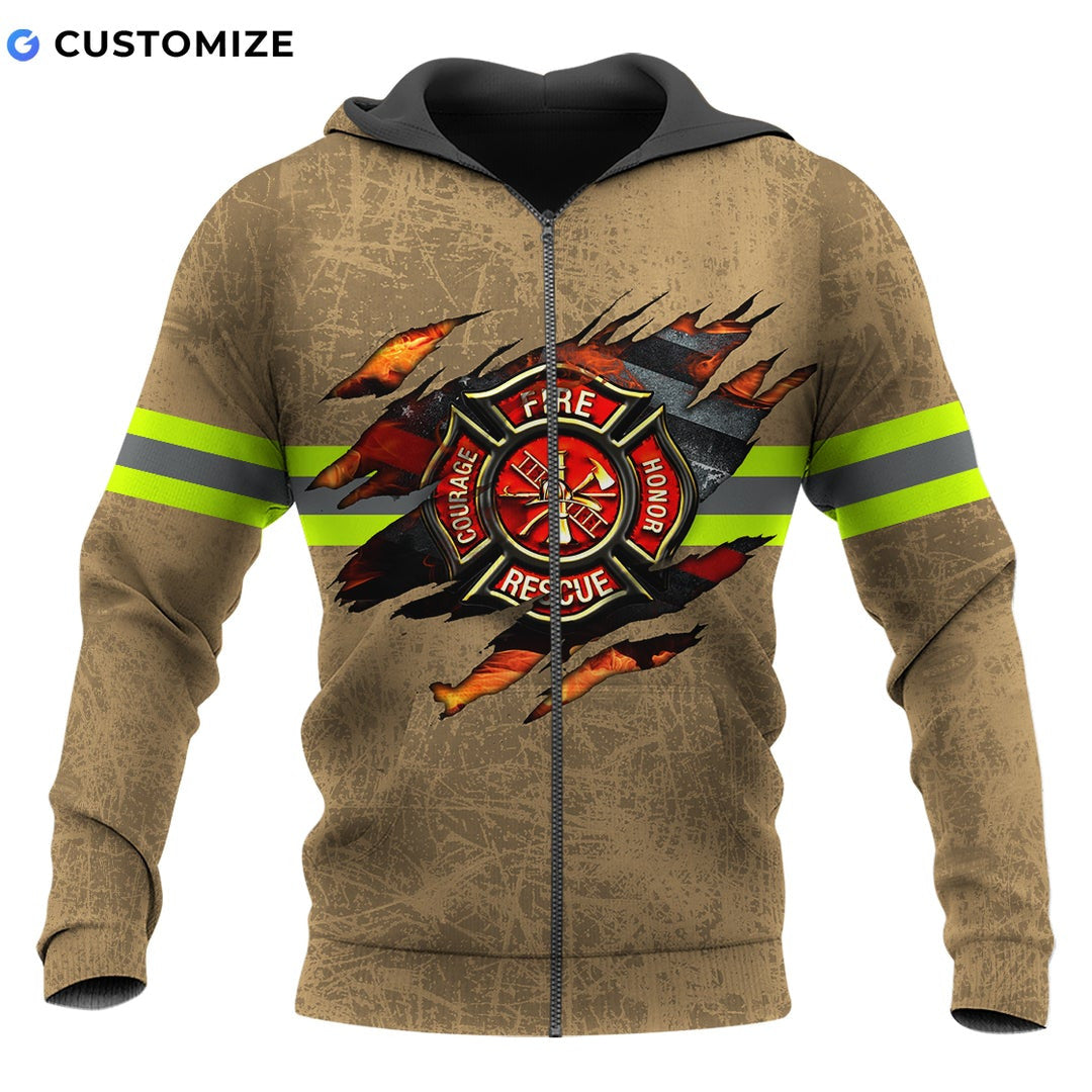 Personalized firefighter zip hoodie featuring tan fire rescue claw print all-over print, zip-front design