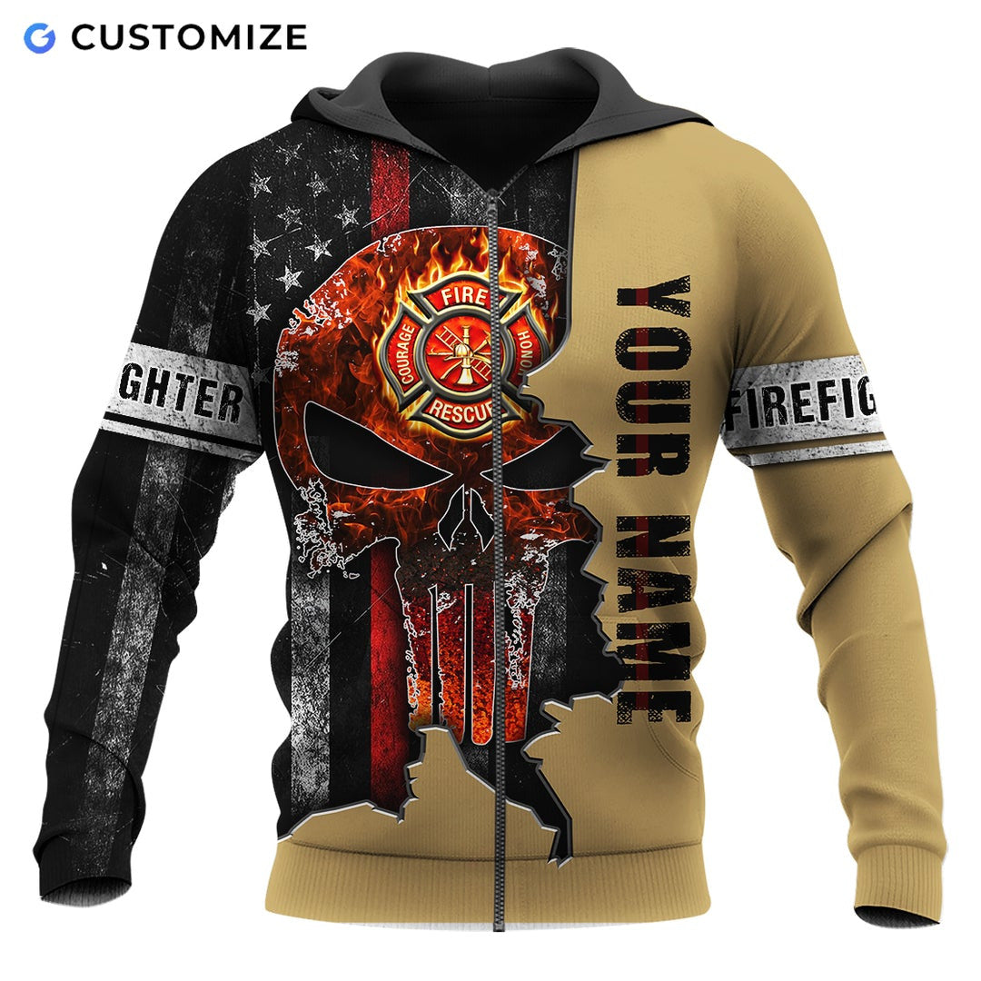 Personalized firefighter zip hoodie featuring flag skull fire badge print all-over print, zip-front design