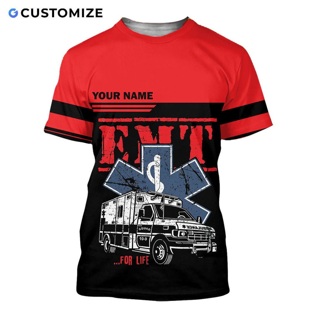 Personalized EMS paramedic t-shirt featuring red emt ambulance print all-over print, short-sleeve design