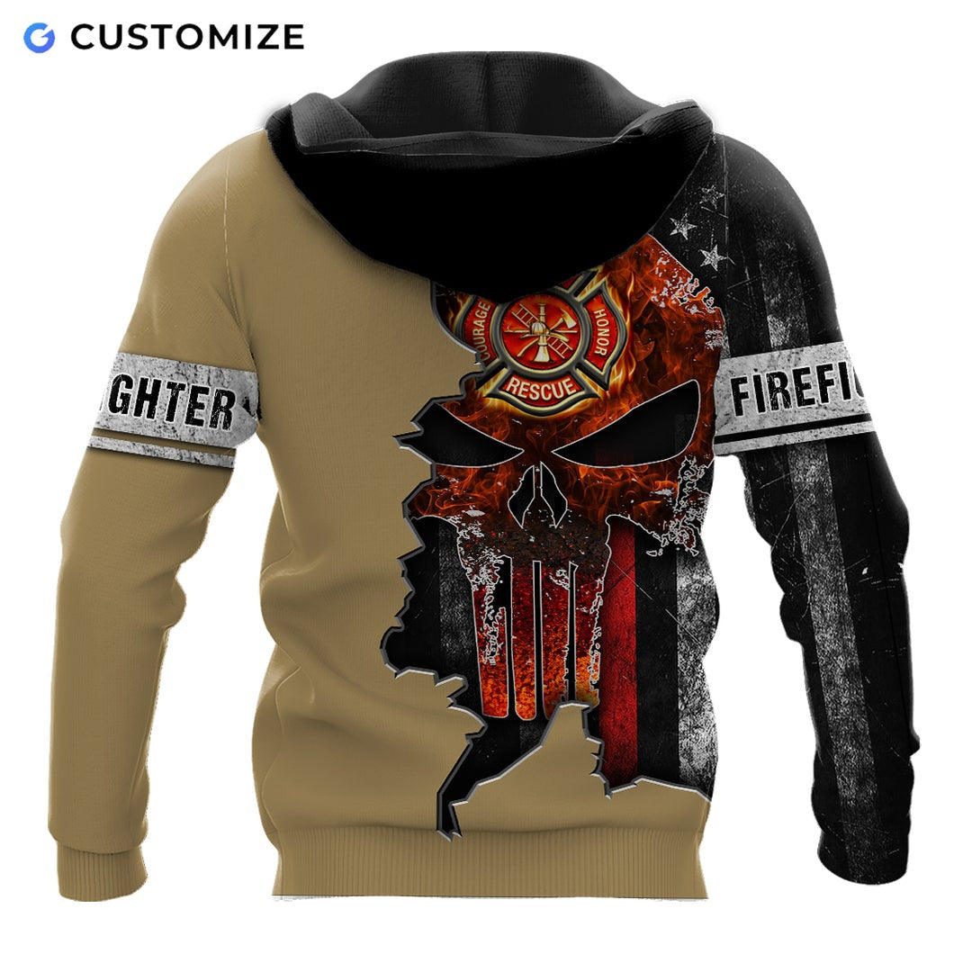 Personalized firefighter hoodie featuring flag skull fire badge print all-over print, back view