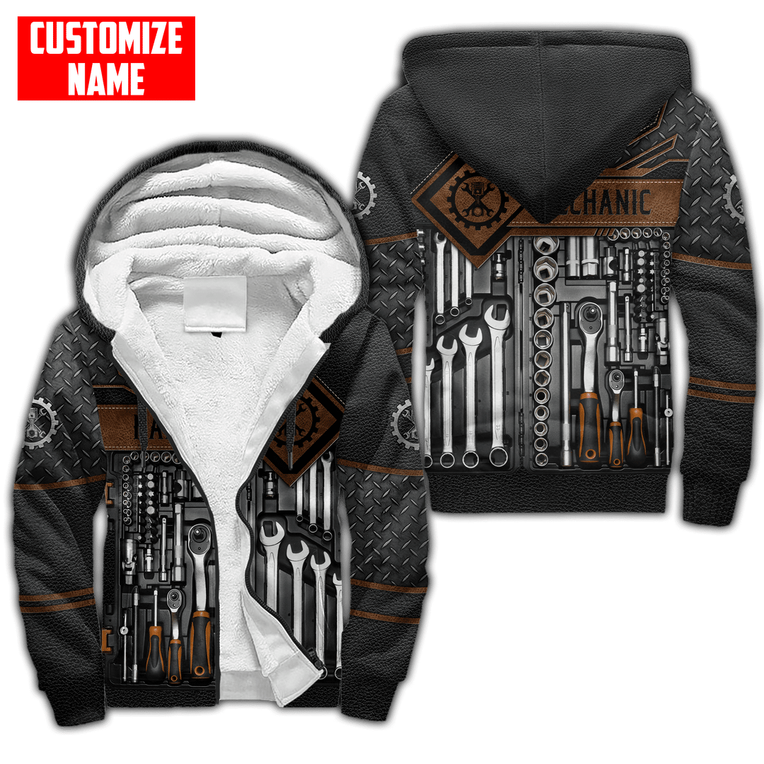 Personalized mechanic fleece zip hoodie featuring brown tool box print all-over print, fleece lining shown