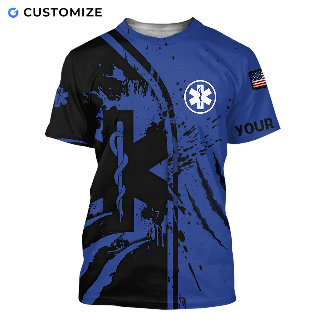 Personalized EMS paramedic t-shirt featuring blue star of life splatter print all-over print, short-sleeve design