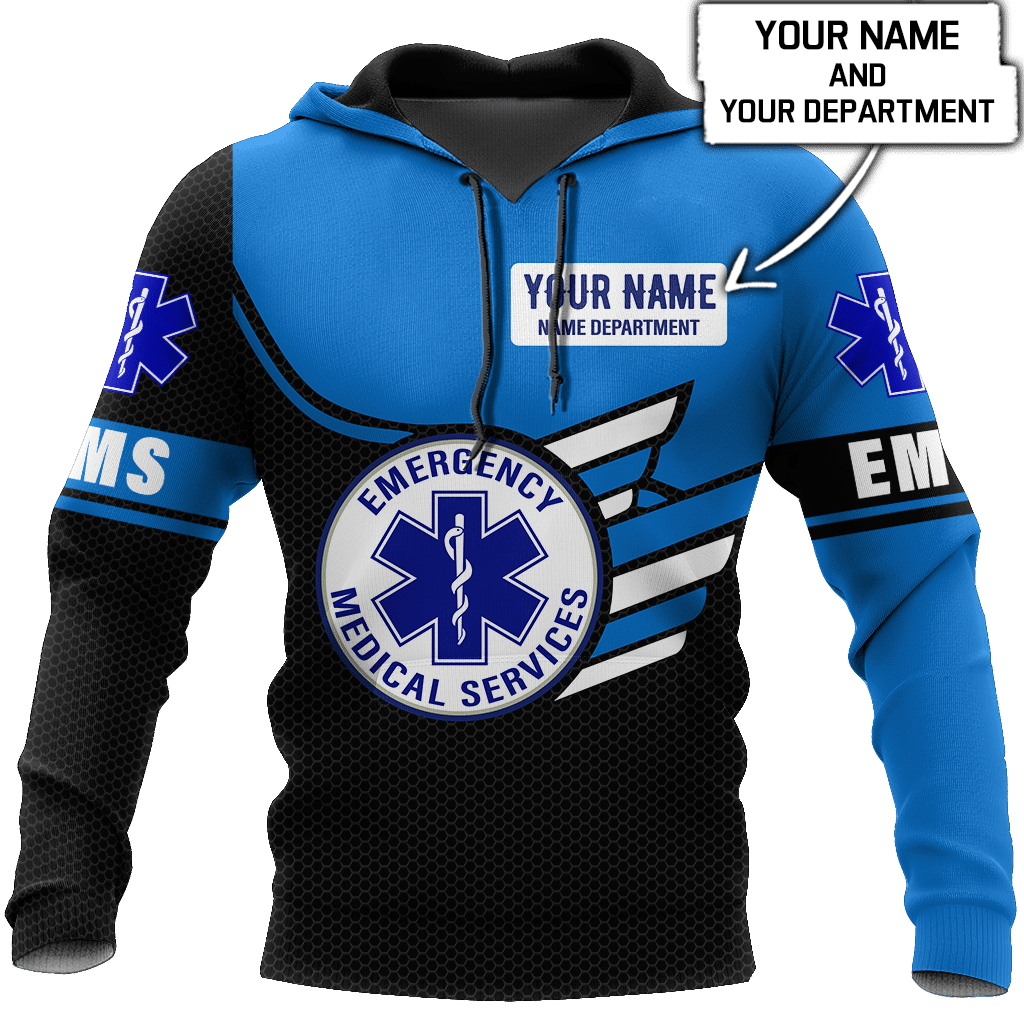 Personalized EMS paramedic hoodie featuring blue emergency medical services all-over print