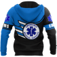 Personalized EMS paramedic hoodie featuring blue emergency medical services all-over print, back view