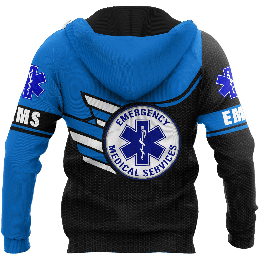Personalized EMS paramedic hoodie featuring blue emergency medical services all-over print, back view
